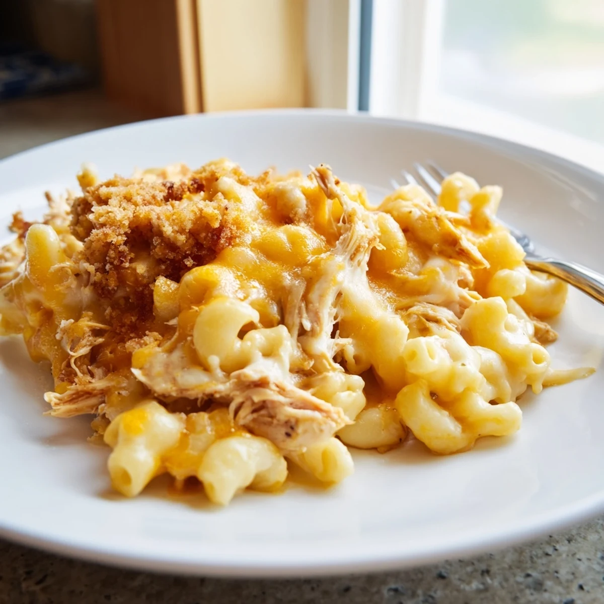 Savory Classic Mac & Cheese featuring tender BBQ chicken, bubbling with melted cheese.  