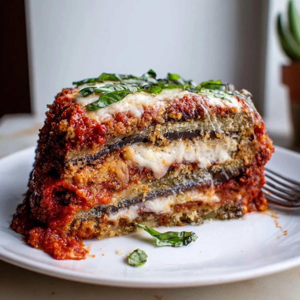 Hearty Eggplant Parmesan Lasagna with gooey mozzarella, fresh basil, and a crispy topping.