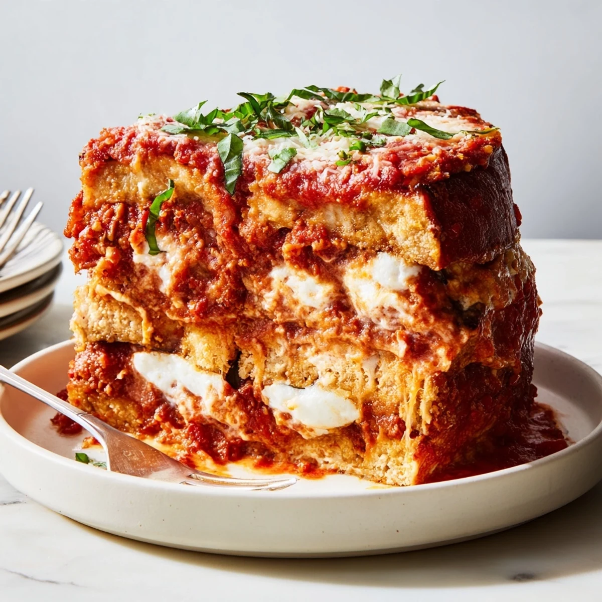 Comforting Eggplant Parmesan Lasagna topped with golden cheese, perfect for family gatherings.  