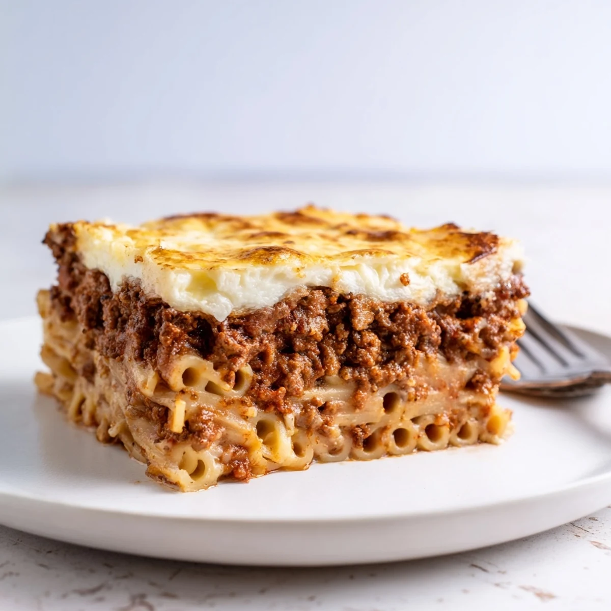 Rich and flavorful Greek Pastitsio layered with creamy béchamel and spiced beef.  