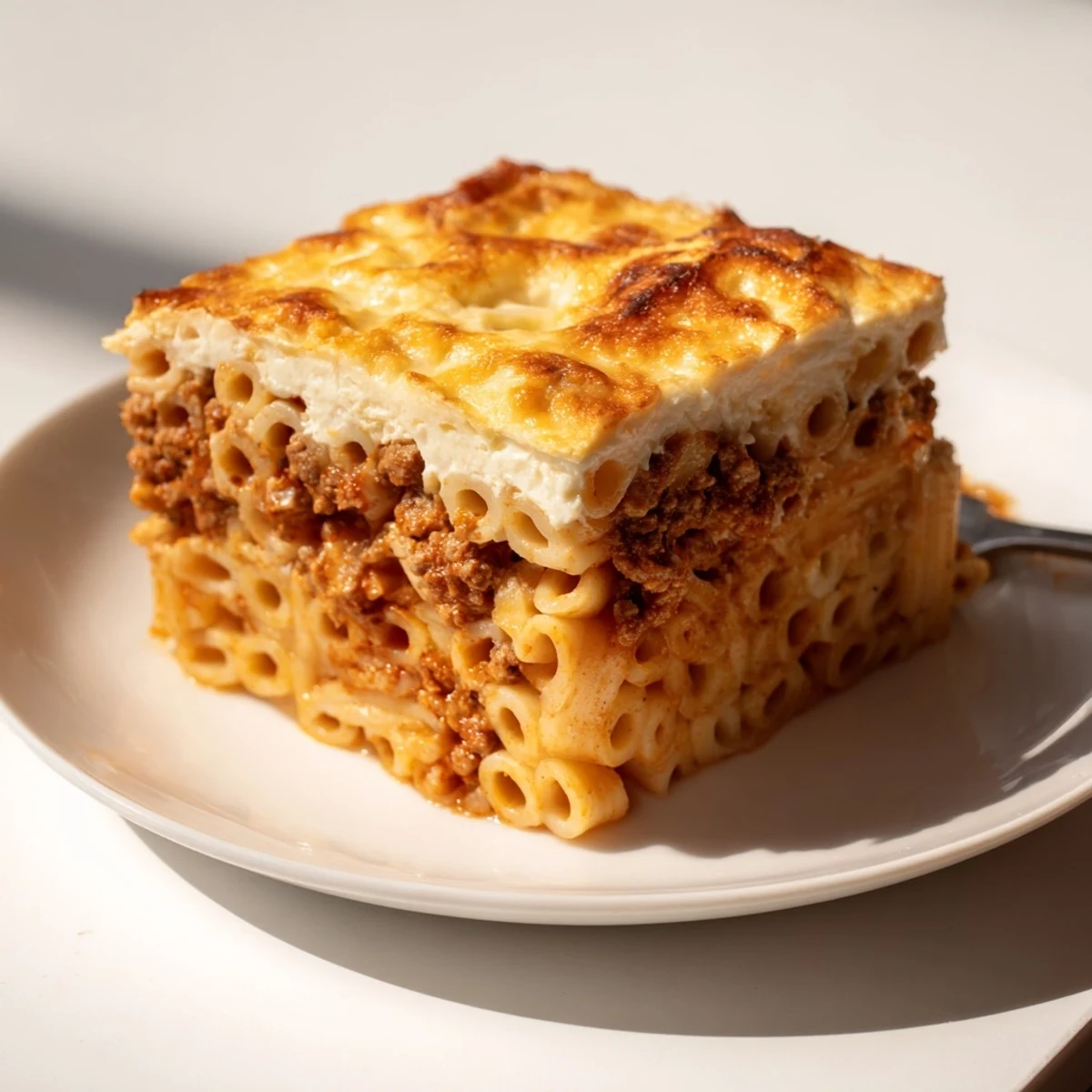 Satisfying Greek Pastitsio, perfectly baked with cheese and aromatic spices on top.