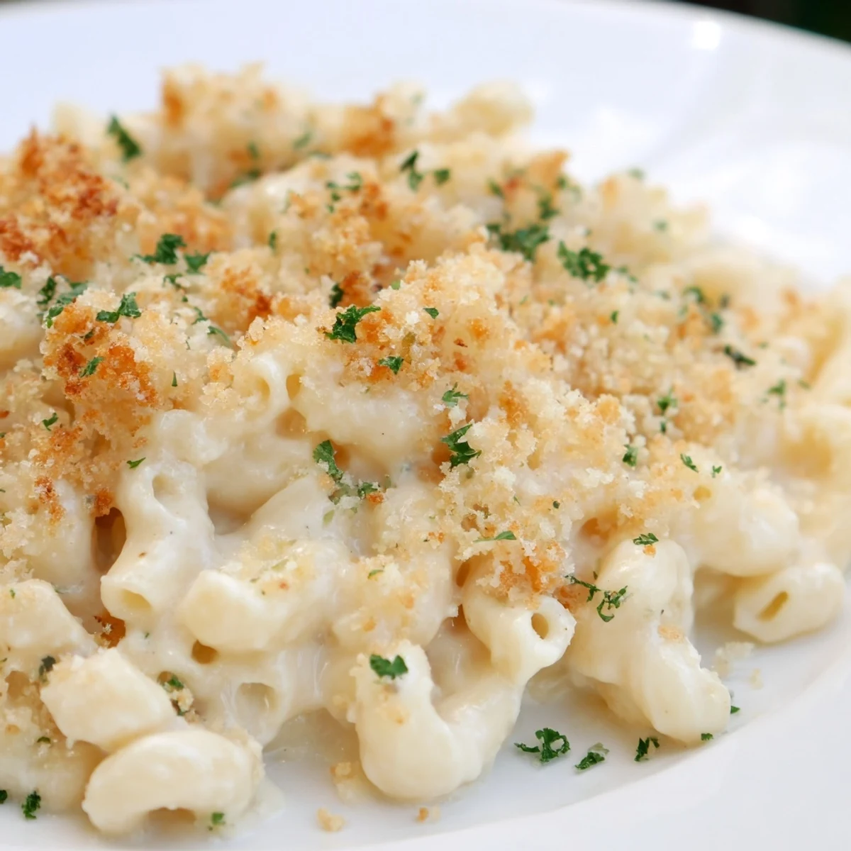 Creamy truffle macaroni and cheese topped with golden panko breadcrumbs, perfect for comfort food lovers.  