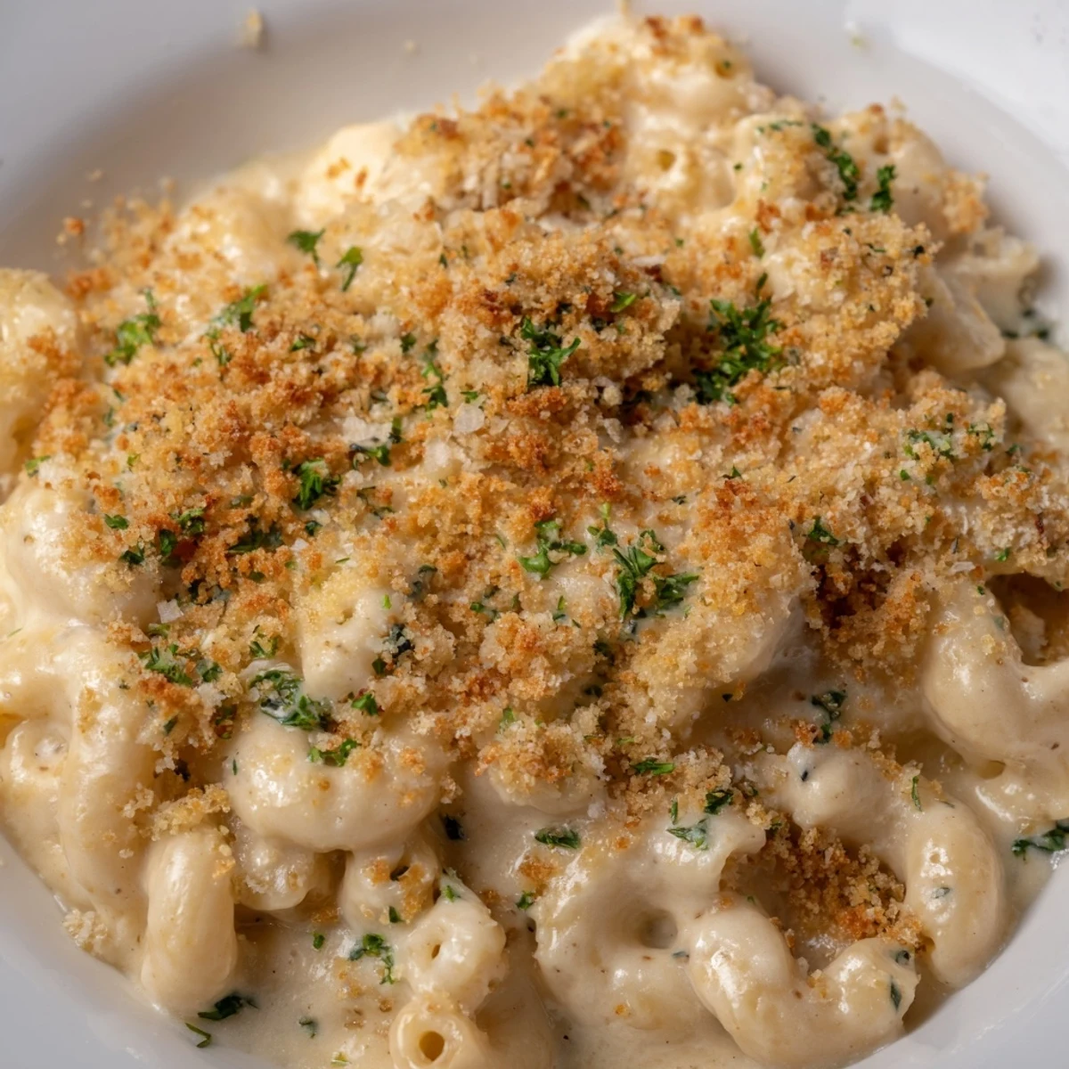 Elegant truffle macaroni and cheese with a crispy topping, ideal for cozy family dinners.