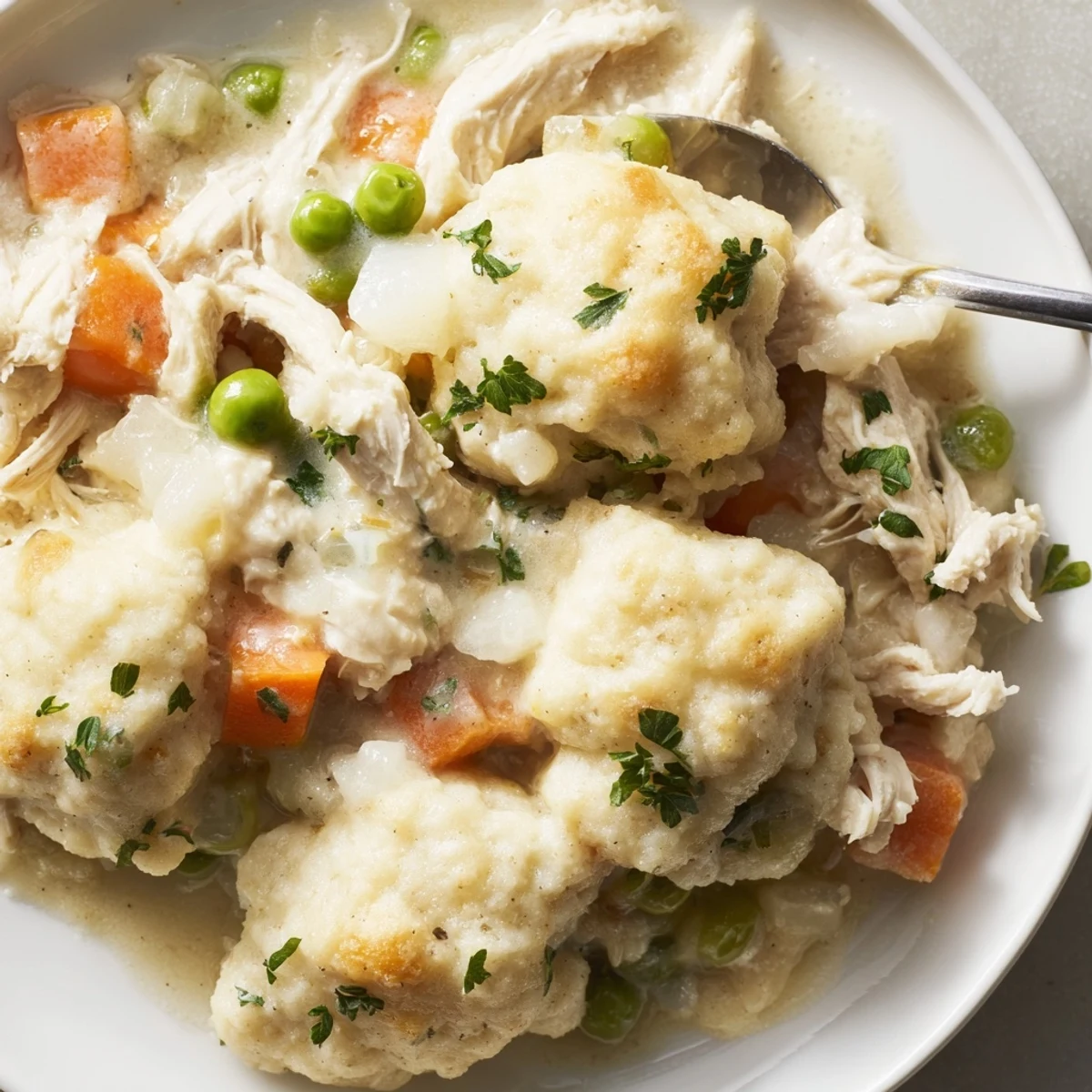 Hearty Chicken and Dumplings Casserole topped with golden, fluffy dumplings and fresh parsley.  