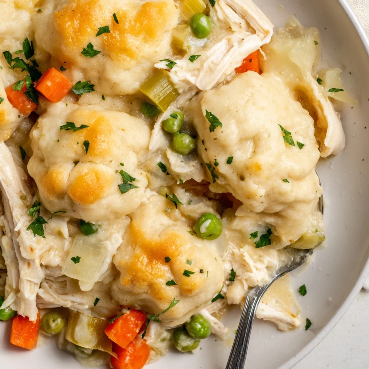 Creamy Chicken and Dumplings Casserole filled with tender chicken and vibrant vegetables.  