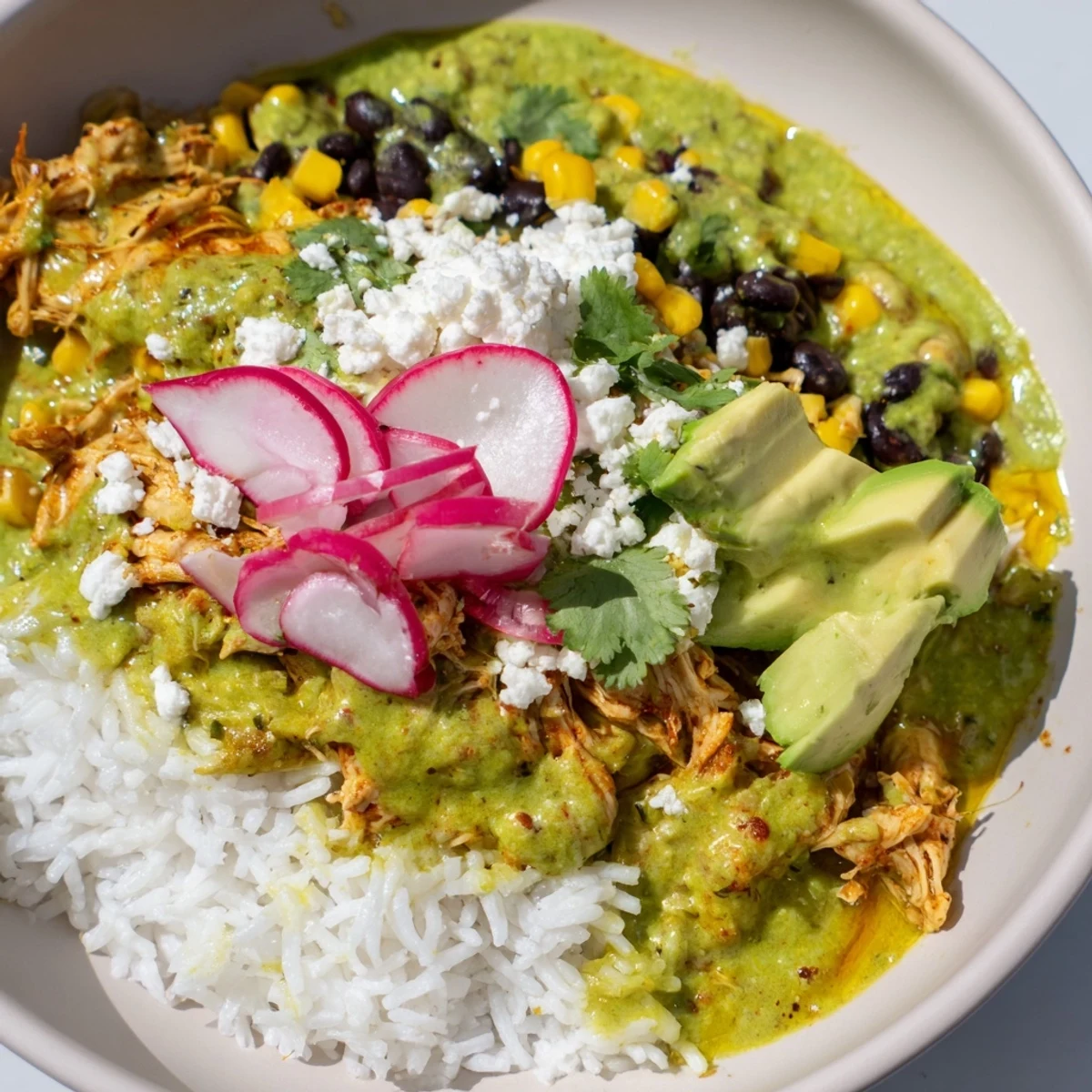 Flavorful Green Enchiladas Rice Bowl: tender chicken, zesty sauce, fresh toppings, a colorful Tex-Mex delight.