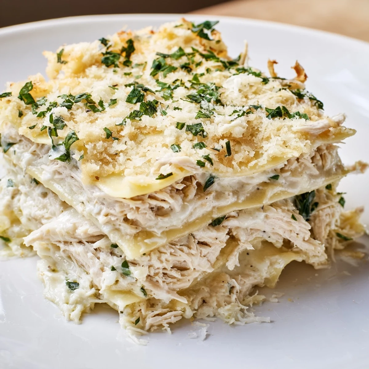 Golden, bubbly Rosemary Chicken Lasagna in a baking dish, ready to be served.