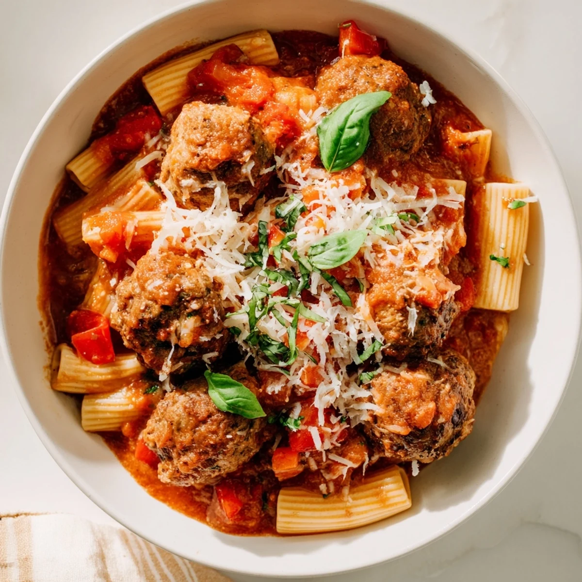 Italian Meatball Pasta Skillet, a one-pan meal with bubbly cheese and savory meatballs.