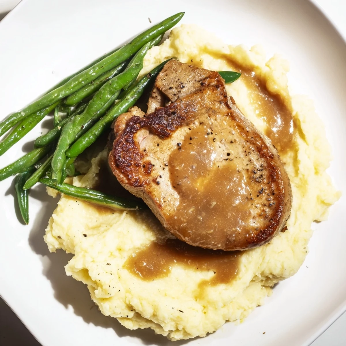 Tender Pork Chops & Cheddar Mash Bowl, served with rich pan gravy, and vibrant green beans for dinner.