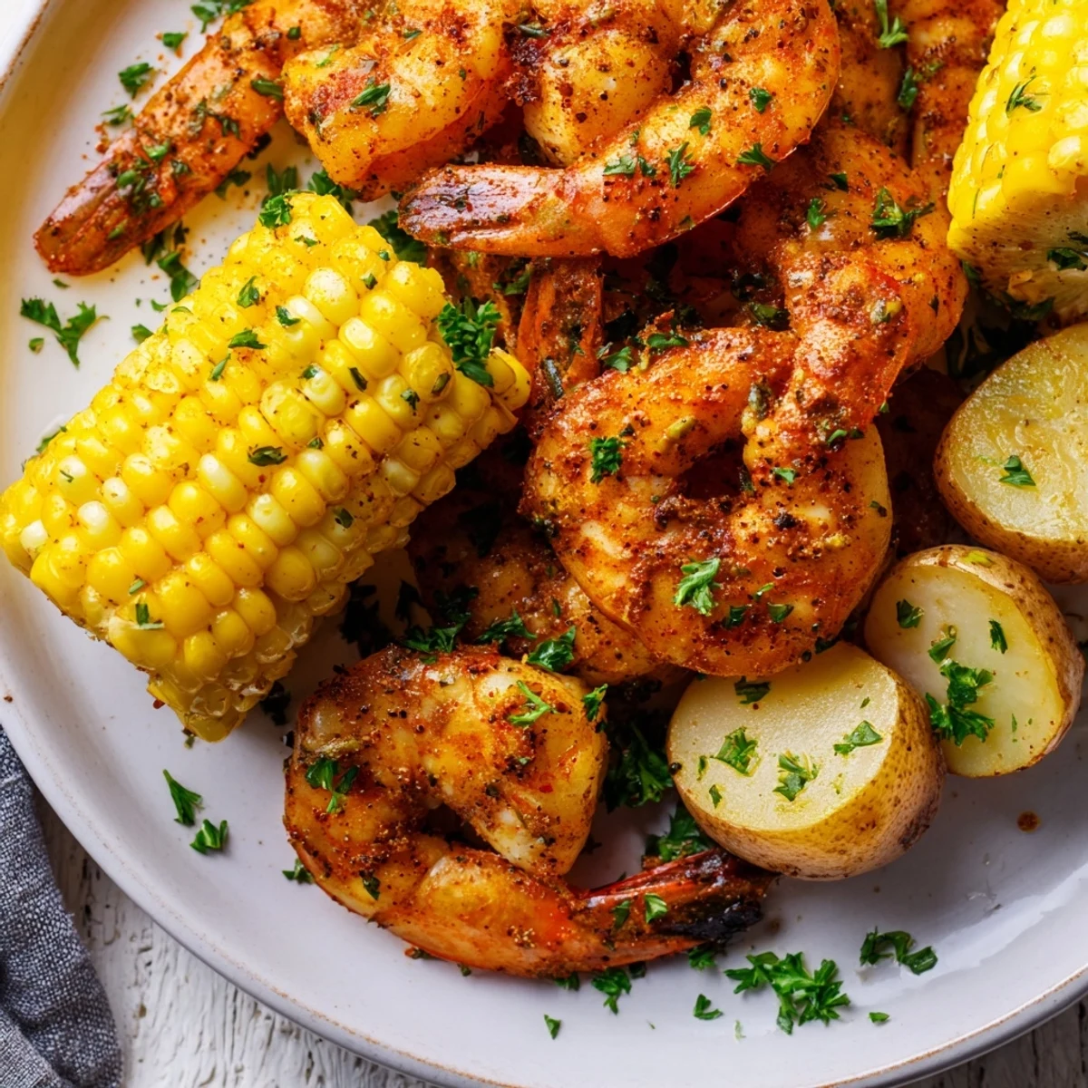 A tempting close-up of a Cajun Shrimp & sweet corn platter; juicy shrimp, and perfectly cooked corn.