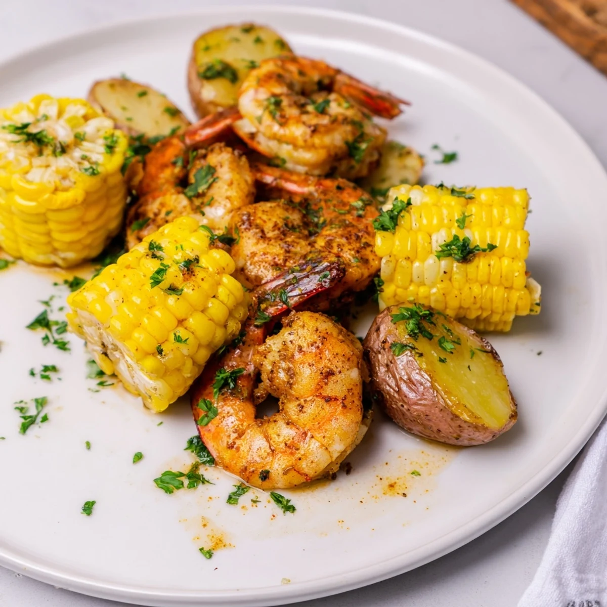 Golden-brown Cajun Shrimp & sweet corn platter with colorful bell peppers and roasted potatoes, ready to eat.