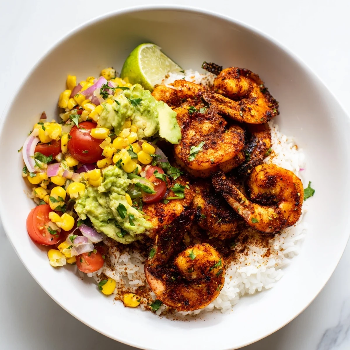 A bowl of fresh blackened shrimp, served over fluffy rice and vibrant avocado corn salsa for lunch.