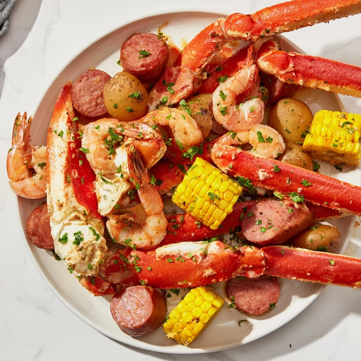 Platter of a flavorful Southern seafood boil, featuring crab, shrimp, sausage, and corn for a great meal.