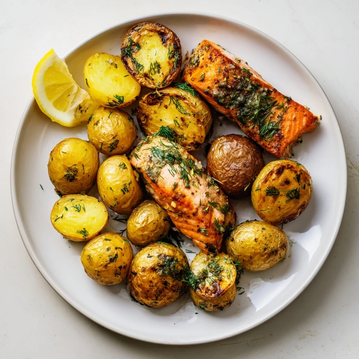 Golden, flaky Lemon Herb Salmon & Potato Sheet Pan with roasted potatoes and colorful bell peppers.