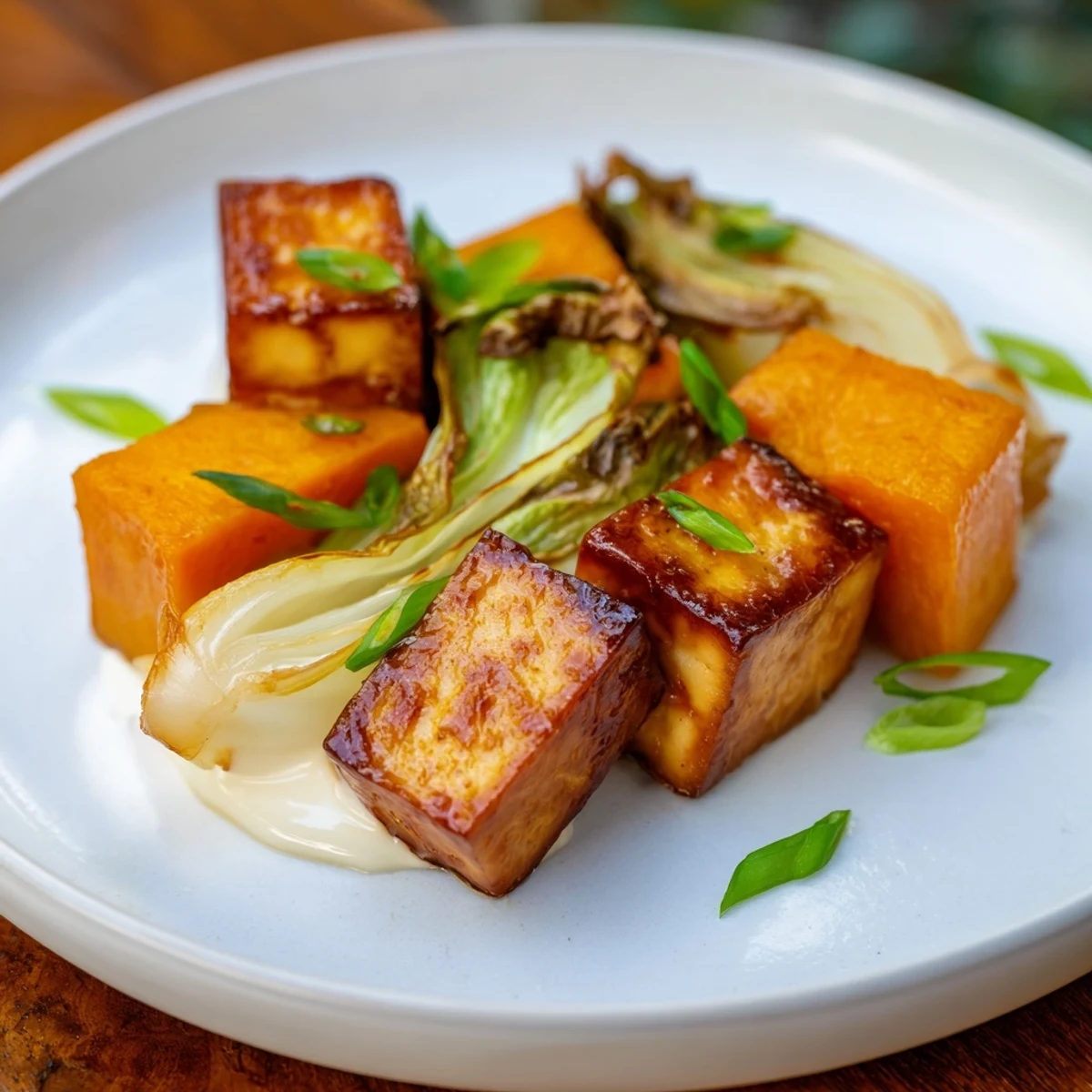 Golden-brown miso-glazed tofu and winter squash alongside tender bok choy, a delicious vegan dish.