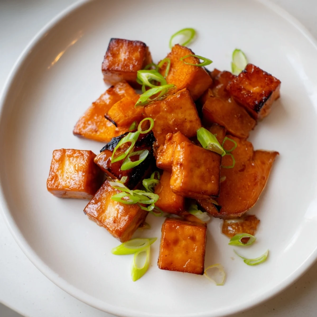 Savory miso glaze coats the roasted tofu and squash, a flavorful start to this plant-based meal.