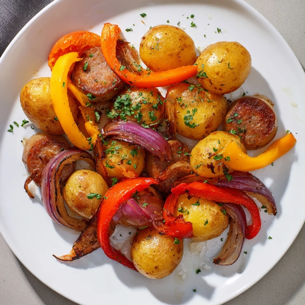 Enjoy a view of Sheet-Pan Sausage with Peppers, a one-pan meal, hot and flavorful with fresh parsley.