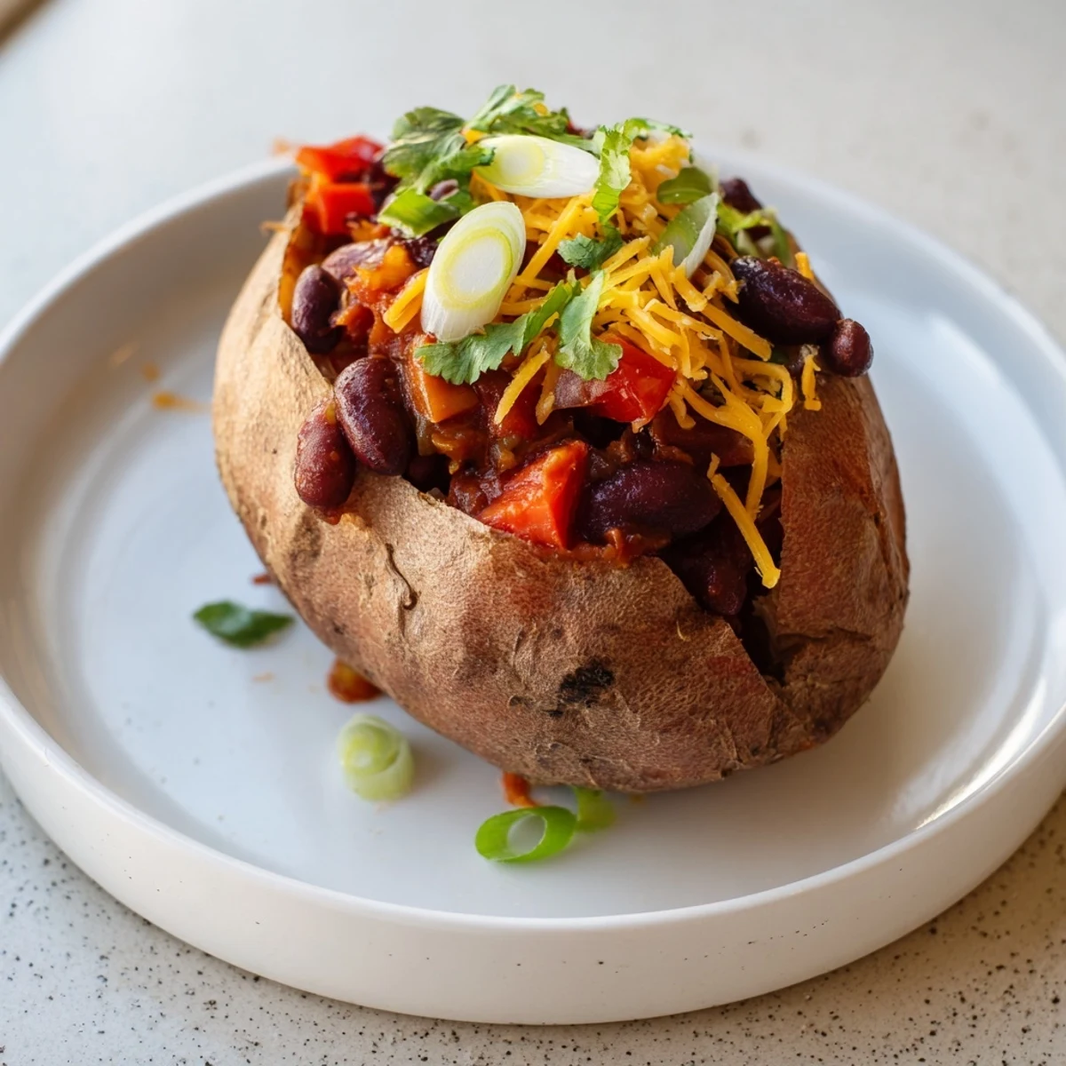 Steaming, delicious Chili-Style Baked Potatoes overflowing with savory chili and tempting toppings, ready to enjoy.