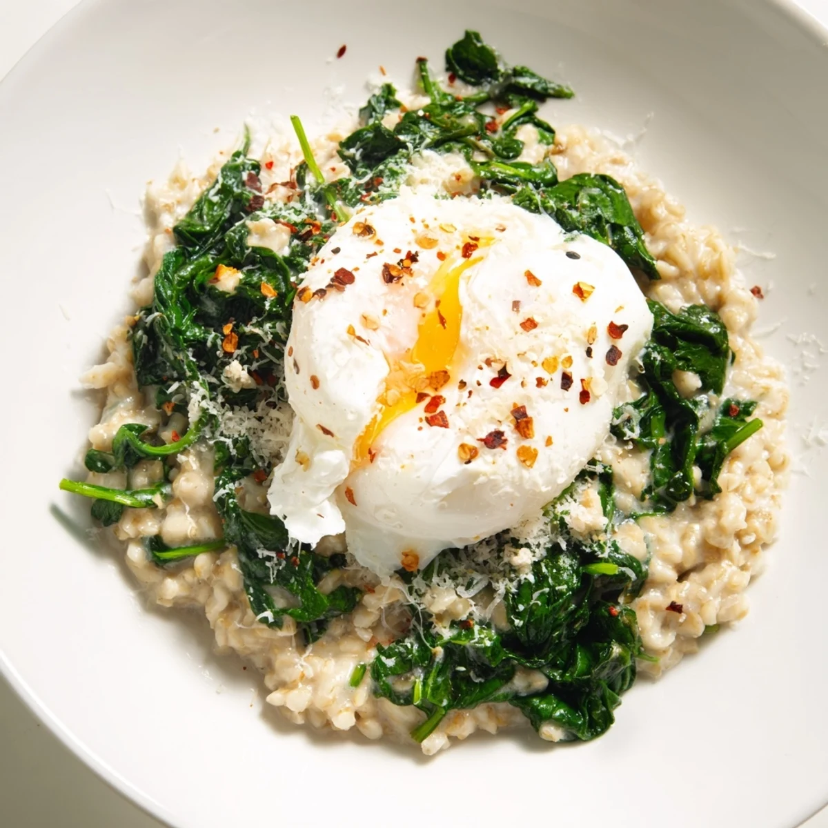 Oatmeal with spinach features a perfectly poached egg, creamy oats, and vibrant green spinach for breakfast.