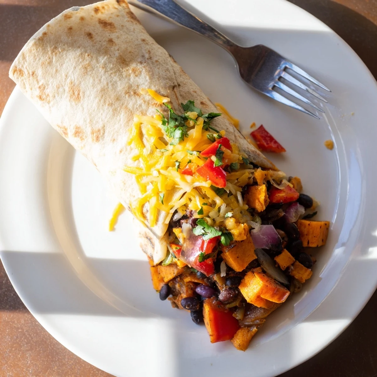Warm flour tortilla filled with delicious Sweet Potato & Black Bean Breakfast Burrito ingredients, ready to eat.