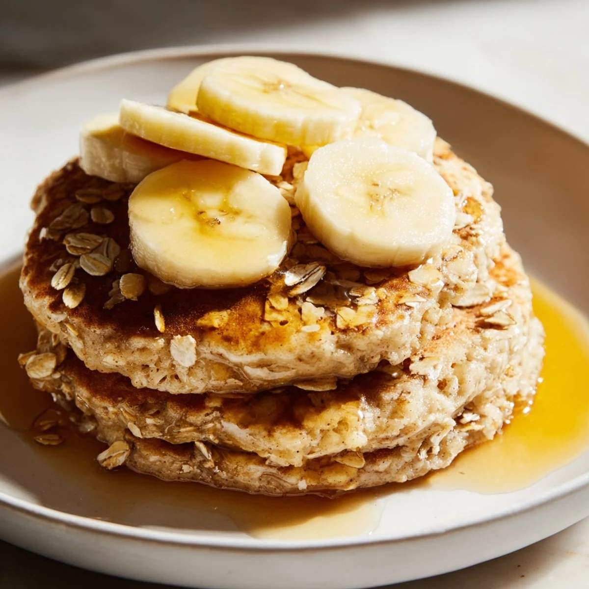 Golden-brown banana oat pancakes stacked high, drizzled with maple syrup; a delicious breakfast.