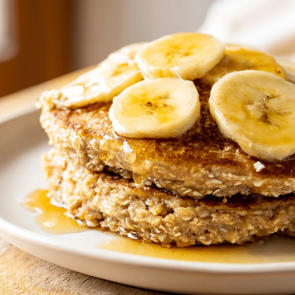 Close-up of fluffy banana oat pancakes; a stack being prepared for a satisfying American meal.