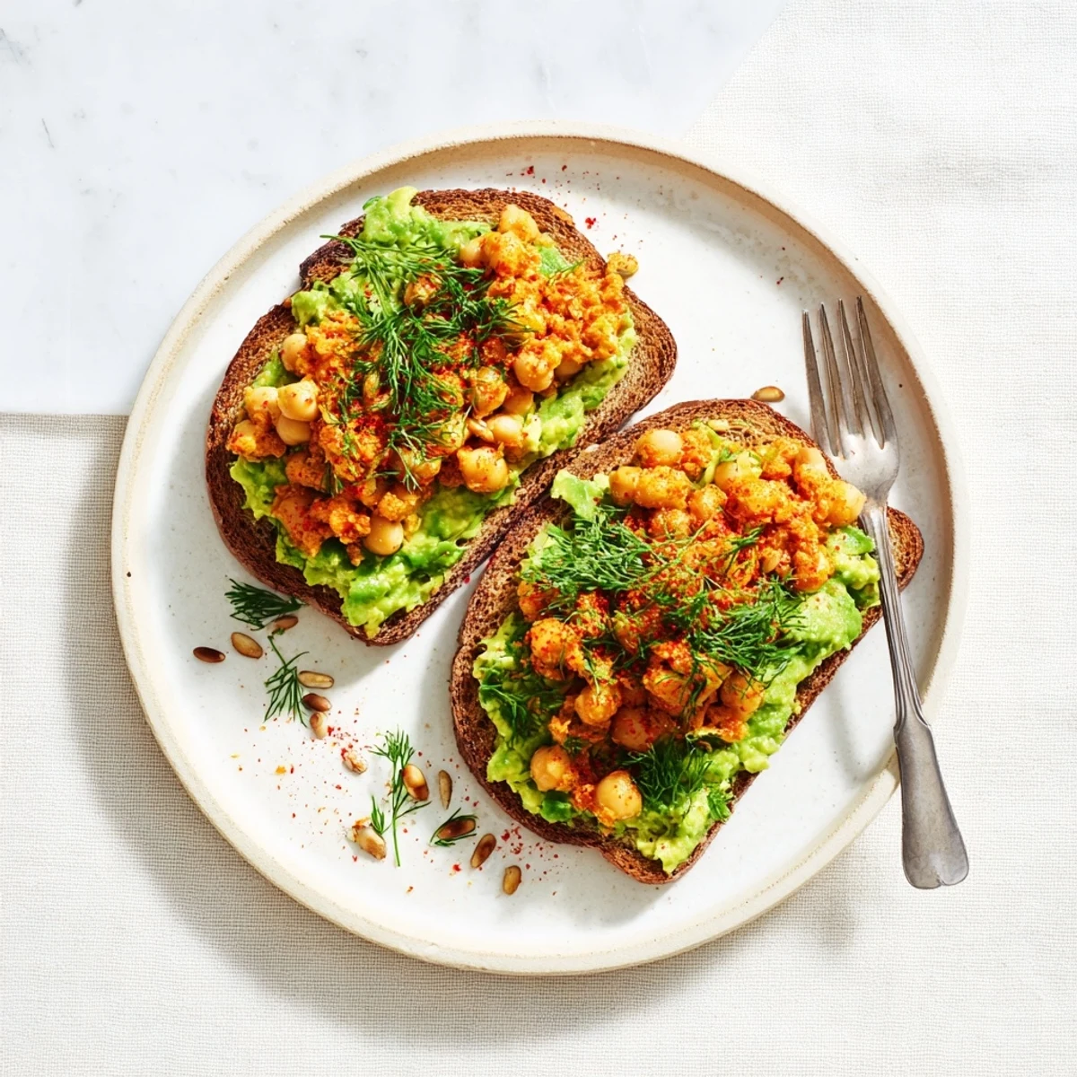 Enjoy a delicious vegetarian avocado toast with chickpeas, herbs, and toasted seeds in minutes.
