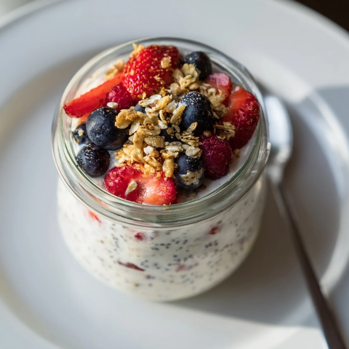 Overnight oats in jars, layered with fresh berries and granola – a colorful, refreshing breakfast option.