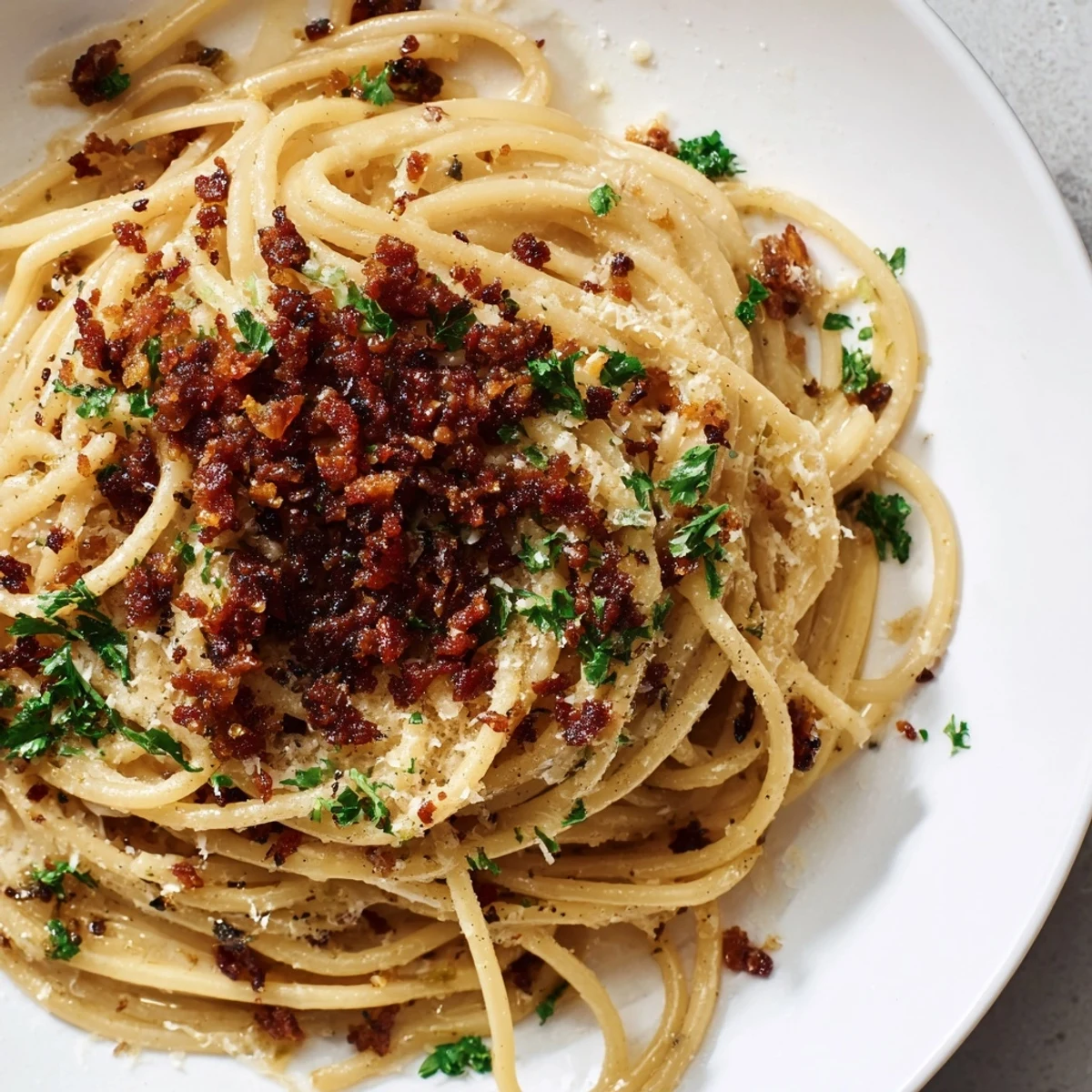 Deliciously plated Garlic Butter Pasta, the dish's flavor enhanced by Parmesan and bacon crumble.