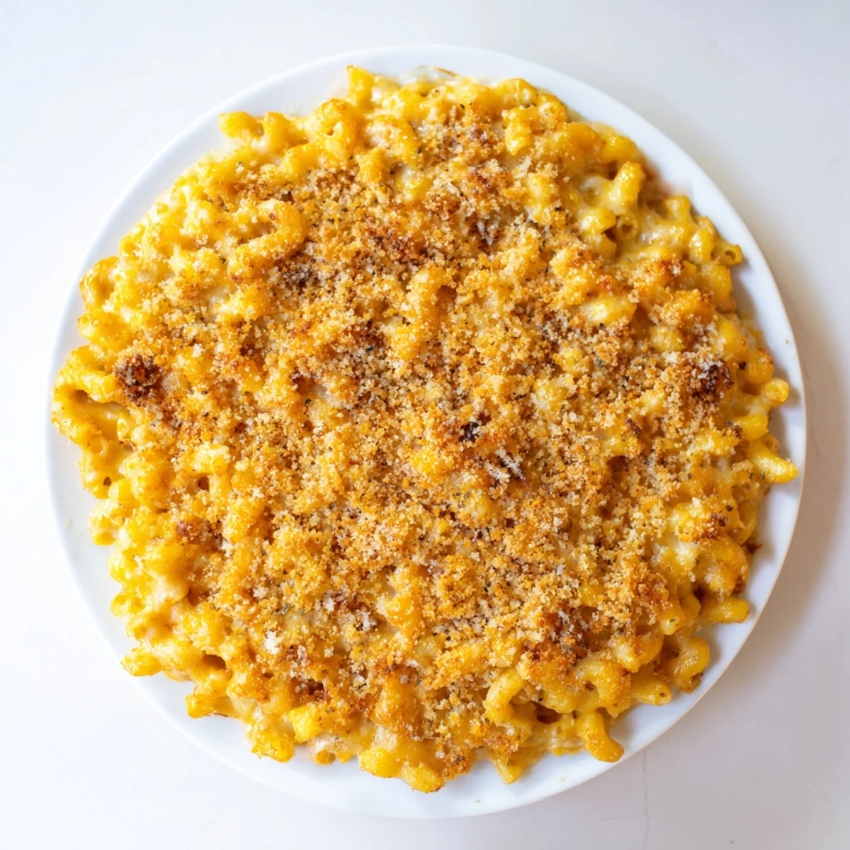 Close-up of baked macaroni and cheese, showcasing a crispy, browned breadcrumb topping above the cheesy perfection.