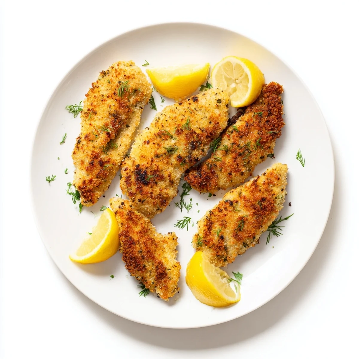 Close-up of crispy, flavorful Pickle-Brined Chicken Cutlets, beautifully plated with fresh dill and lemon.