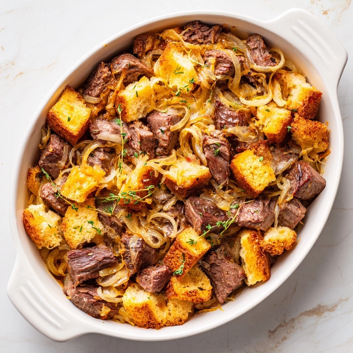 Golden, bubbly French Onion Pot Roast Casserole, a delightful melding of classic comfort foods.