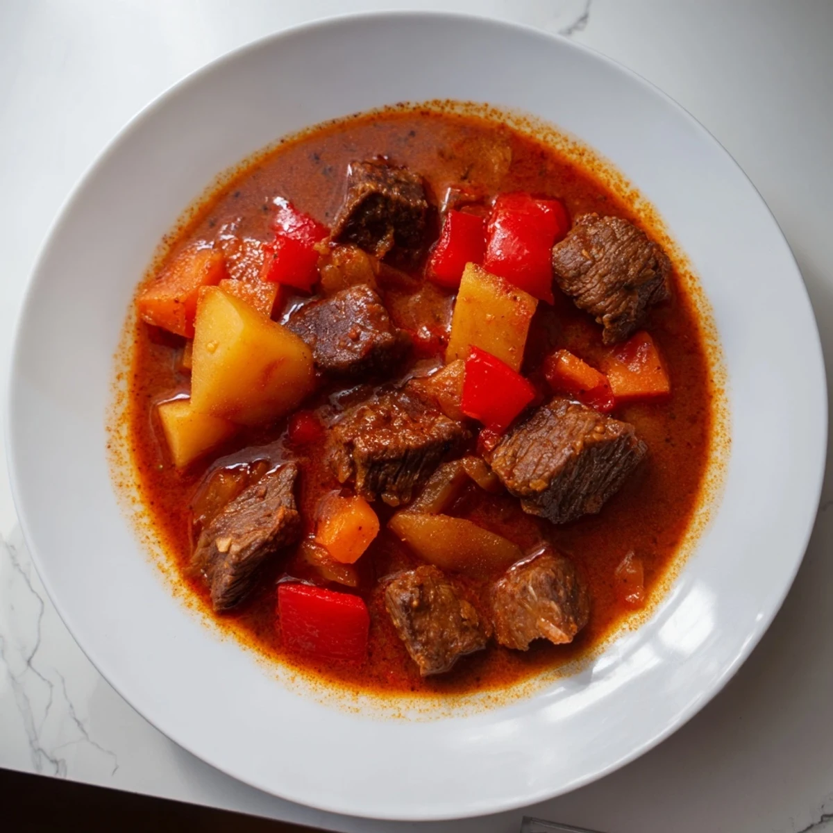 Tender beef and vegetables simmering in the pot: a delicious smoked paprika & garlic beef stew.