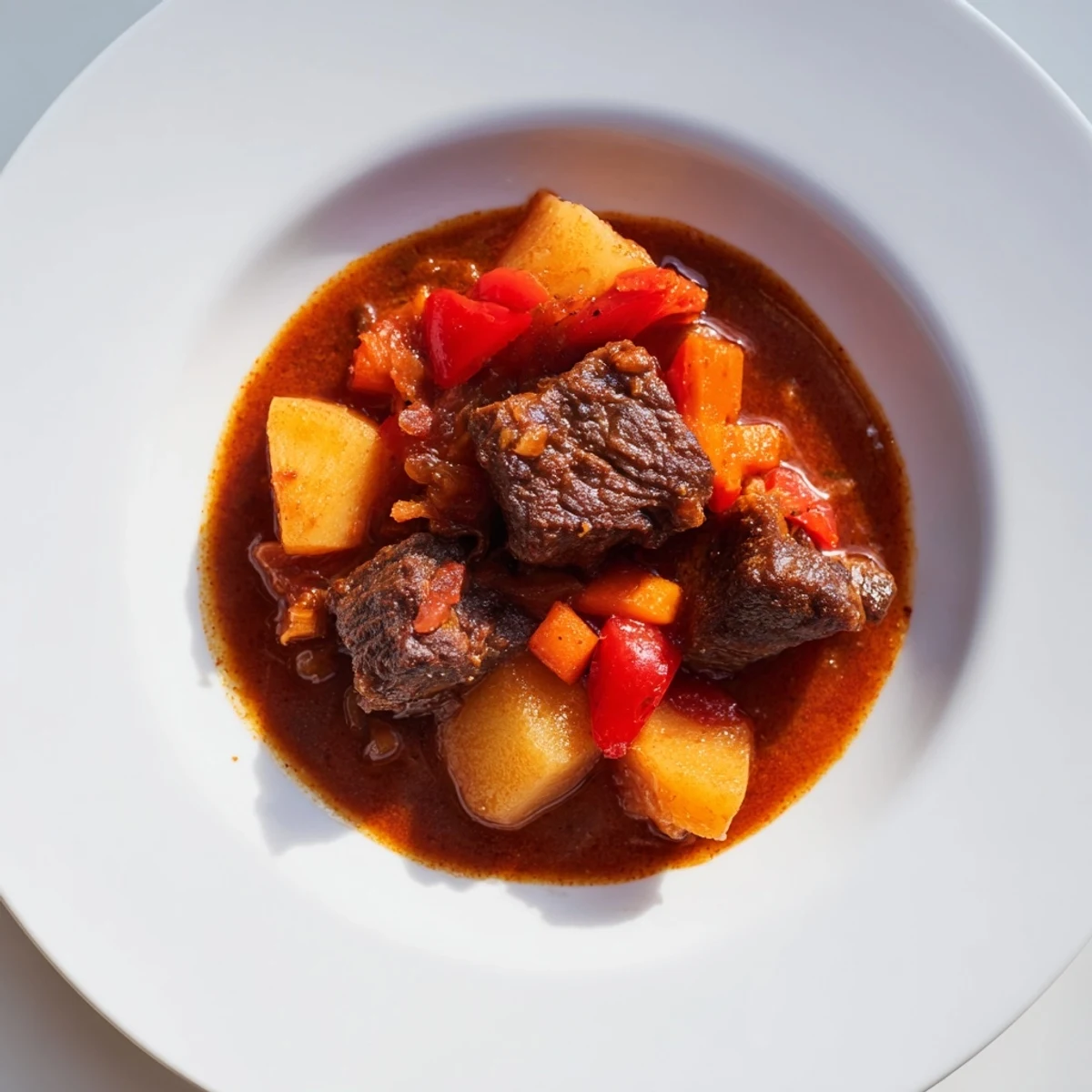 Smoked paprika and garlic beef stew, a rich, savory dish with tender beef and vegetables, ready to serve.