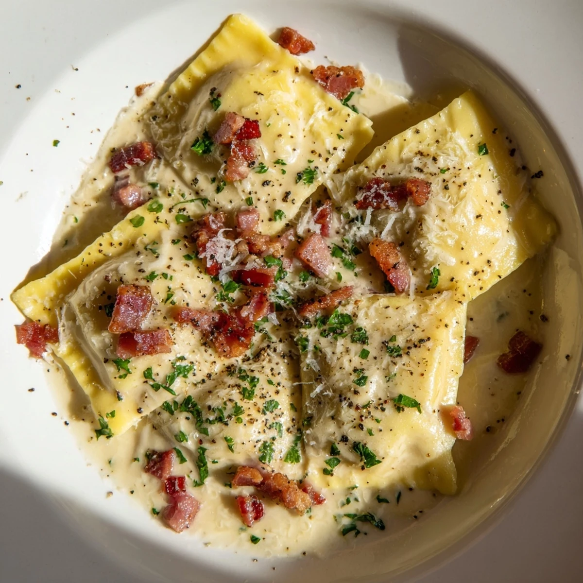 A steaming bowl of Olive Garden Ravioli Carbonara: pasta coated with a decadent carbonara sauce.