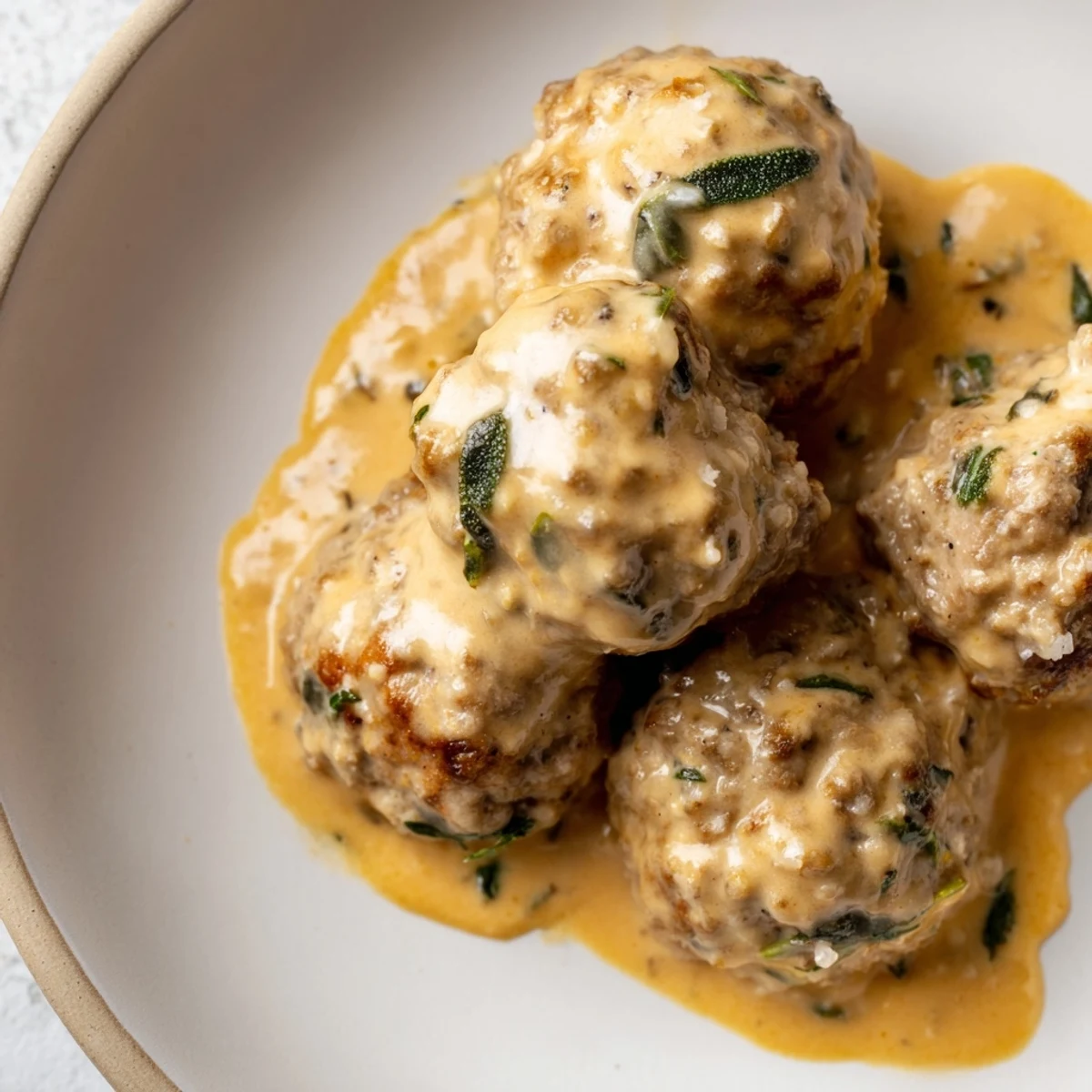Juicy Easy Turkey Meatballs in Pumpkin Sage Sauce, simmering in a creamy pumpkin sauce, ready to serve.
