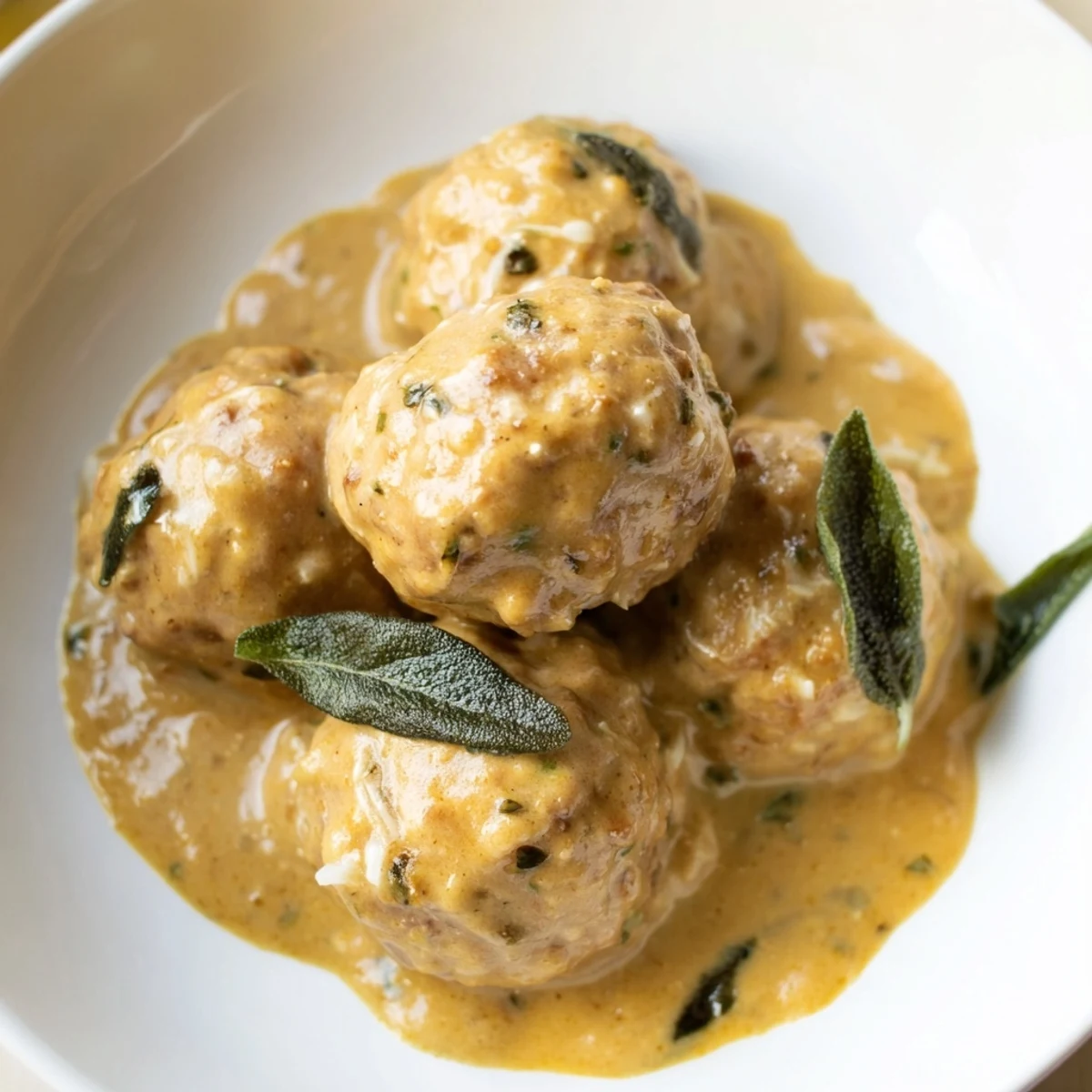 A close-up of Easy Turkey Meatballs in Pumpkin Sage Sauce, with visible herbs and a rich, golden sauce.