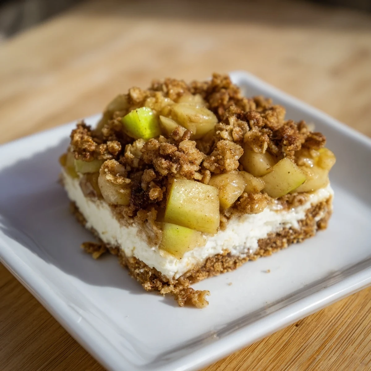 Freshly baked Apple Crisp Cheesecake Bars, showing the irresistible combination of apple and cheesecake layers.