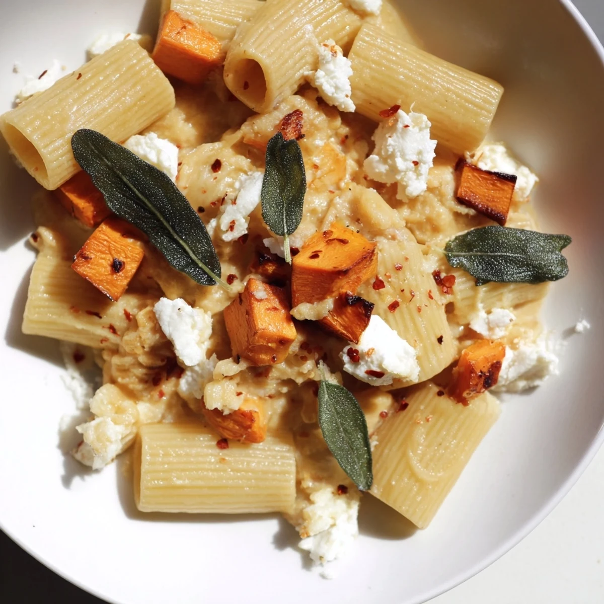 This Viral Sweet Potato Goat Cheese Sage recipe showcases tender pasta with a rich, savory sauce.