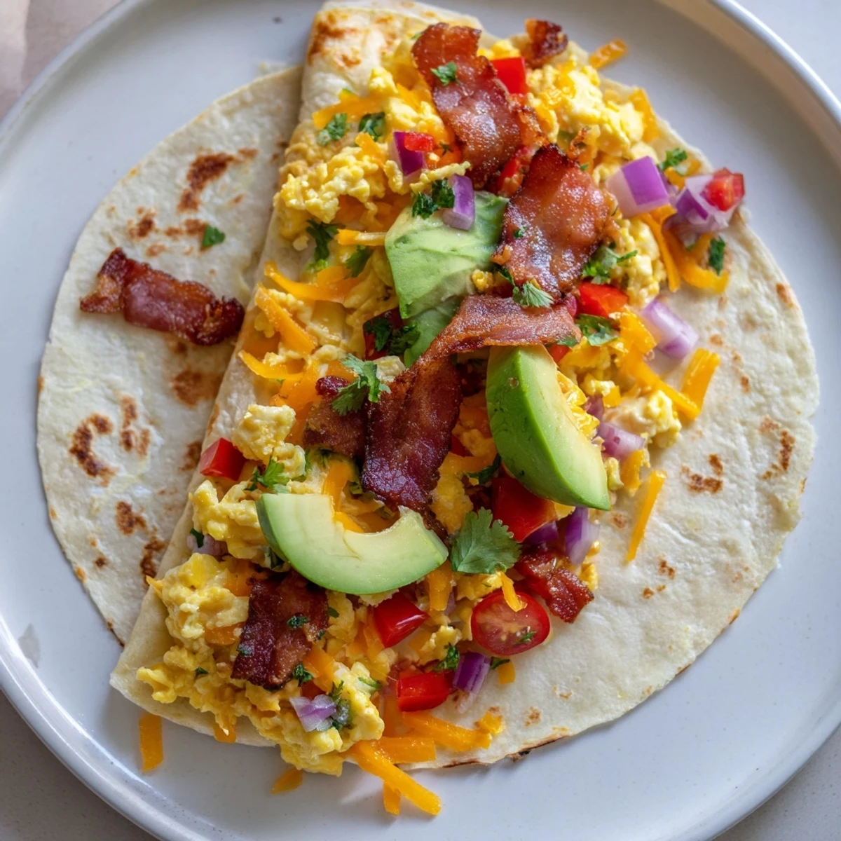 Picture this: a delicious Easy Festive Breakfast Burrito Wrap, ready to be enjoyed with salsa.