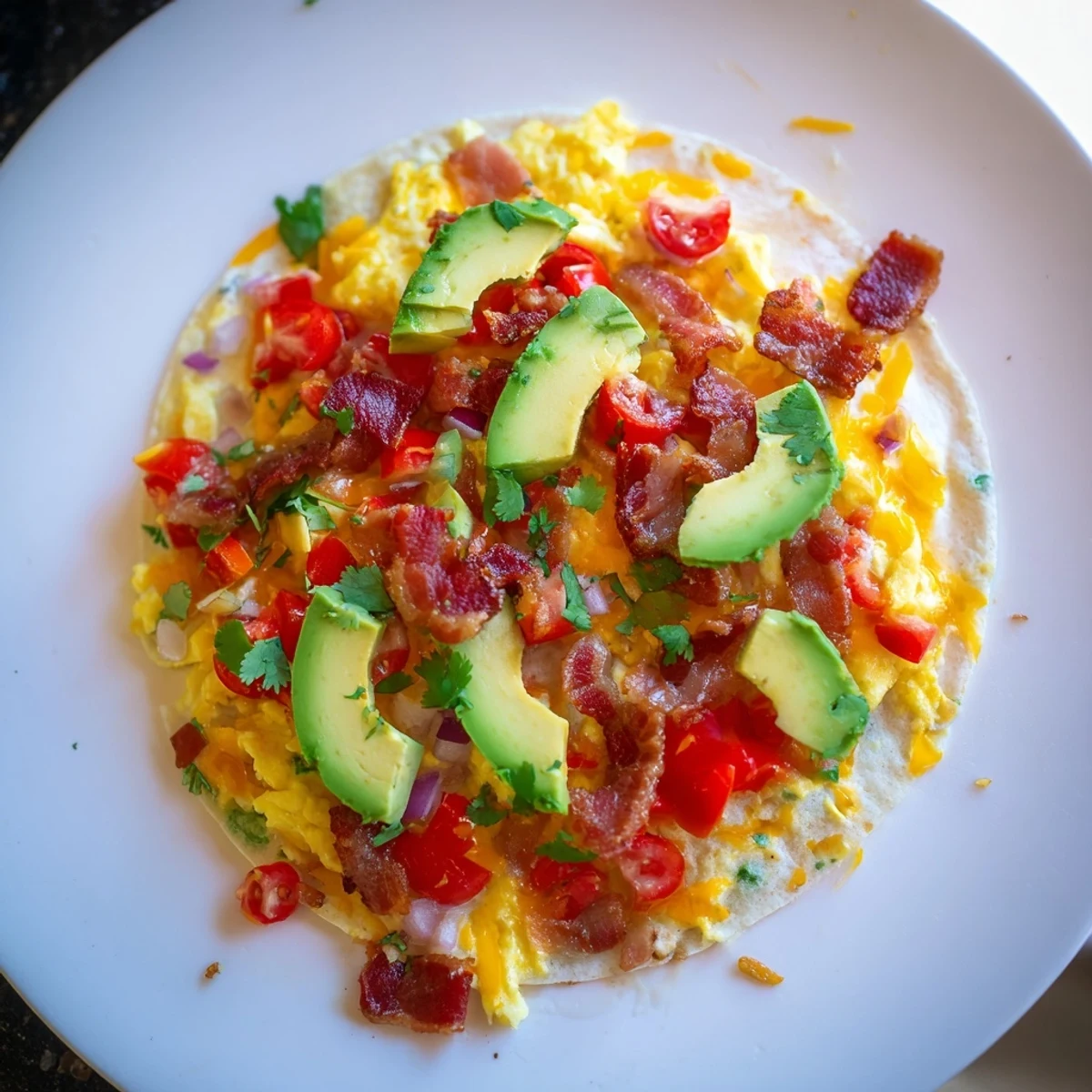 Warm, soft Easy Festive Breakfast Burrito Wraps filled with fluffy eggs, bacon, and vibrant vegetables.