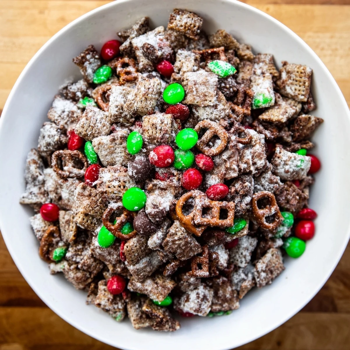 A delightful close-up of Simplified Reindeer Chow mix, a sweet holiday snack with colorful candies.