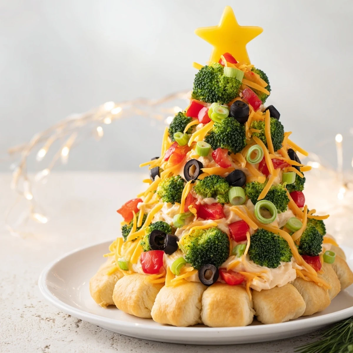 A close-up of a delicious Easy Christmas Tree Veggie Pizza with crisp crescent roll crust and vibrant vegetable decorations.