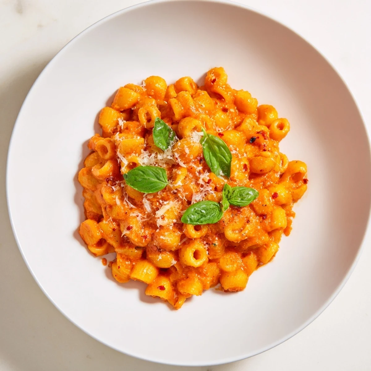Creamy, vibrant Spicy Vodka Sauce Ditalini, a comforting Italian pasta dish topped with fresh basil.