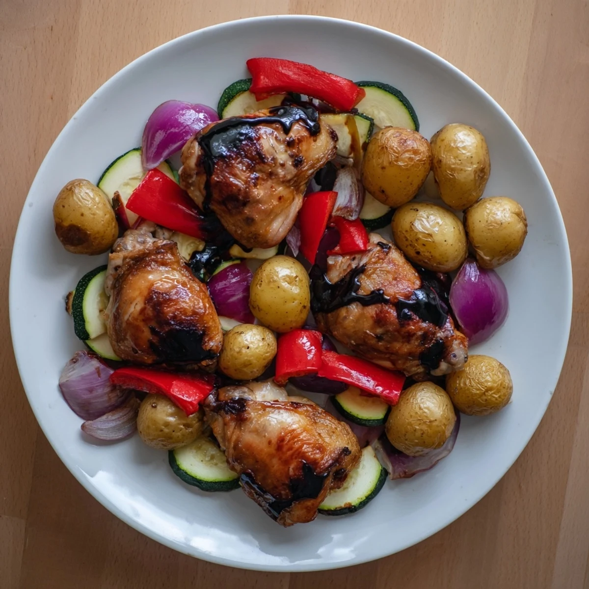Golden-brown Black Garlic and Balsamic Chicken on a sheet pan, ready to serve with colorful roasted vegetables.