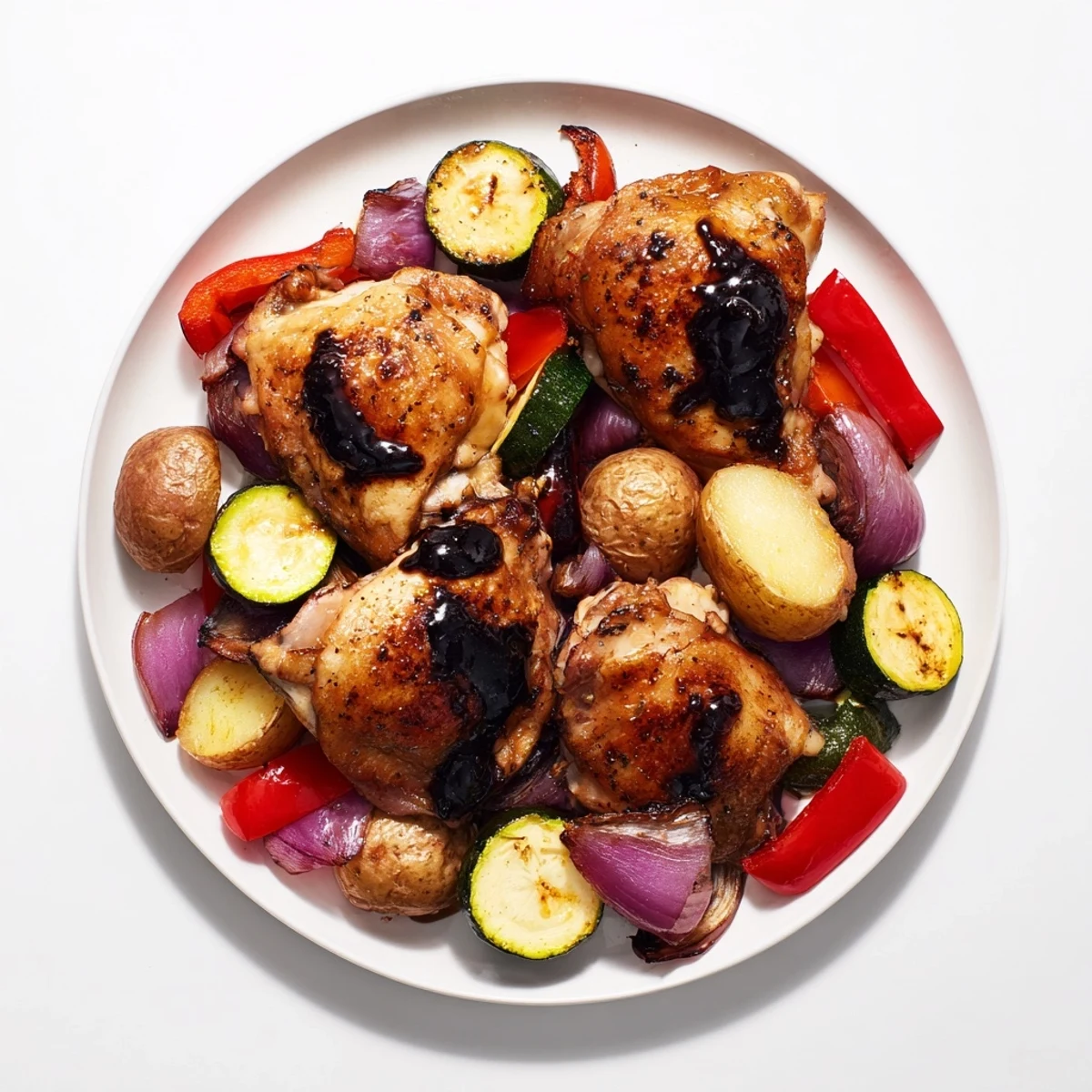 Juicy Black Garlic and Balsamic Chicken thighs with caramelized vegetables, a flavorful and easy sheet pan dinner.