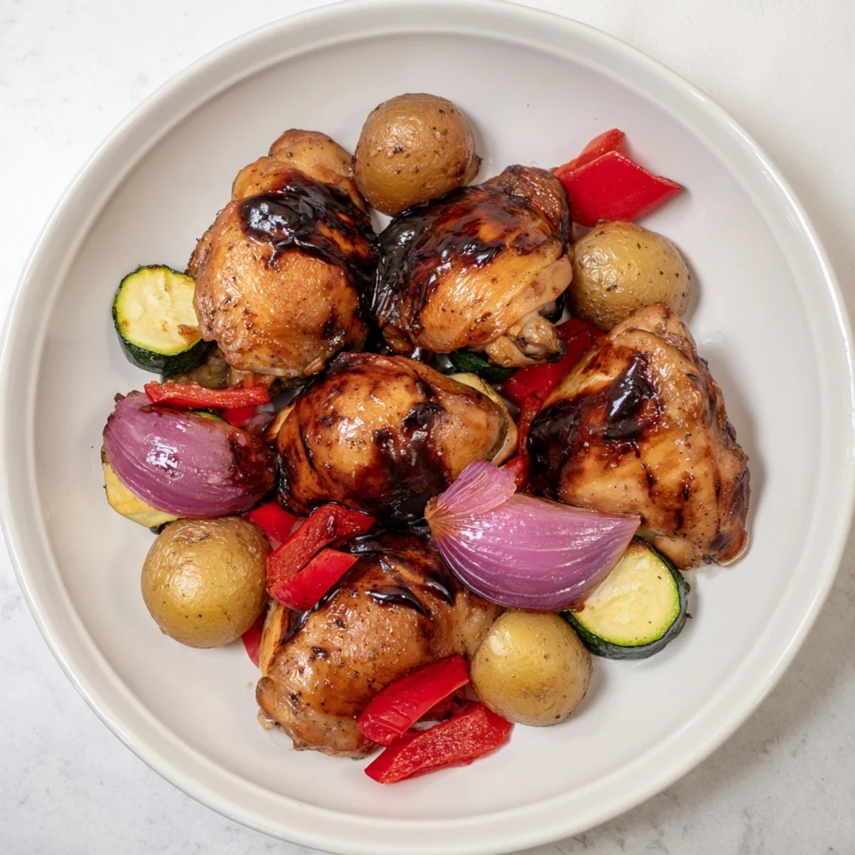 A close-up of a delicious Black Garlic and Balsamic Chicken dish, showcasing tender chicken with roasted vegetables.
