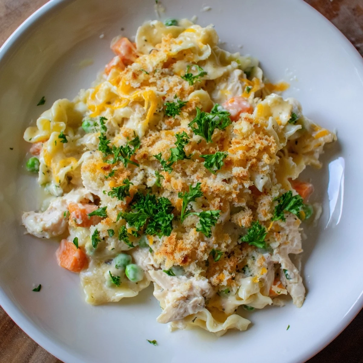 Golden-brown Baked Cream of Chicken Noodle Soup Pasta, bubbling hot with melted cheese and tender egg noodles.
