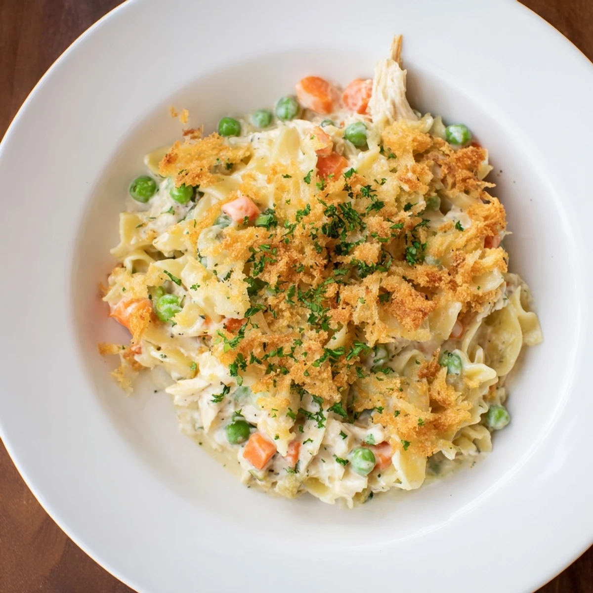 This Baked Cream of Chicken Noodle Soup Pasta shows a creamy casserole topped with crispy breadcrumbs and fresh parsley garnish.