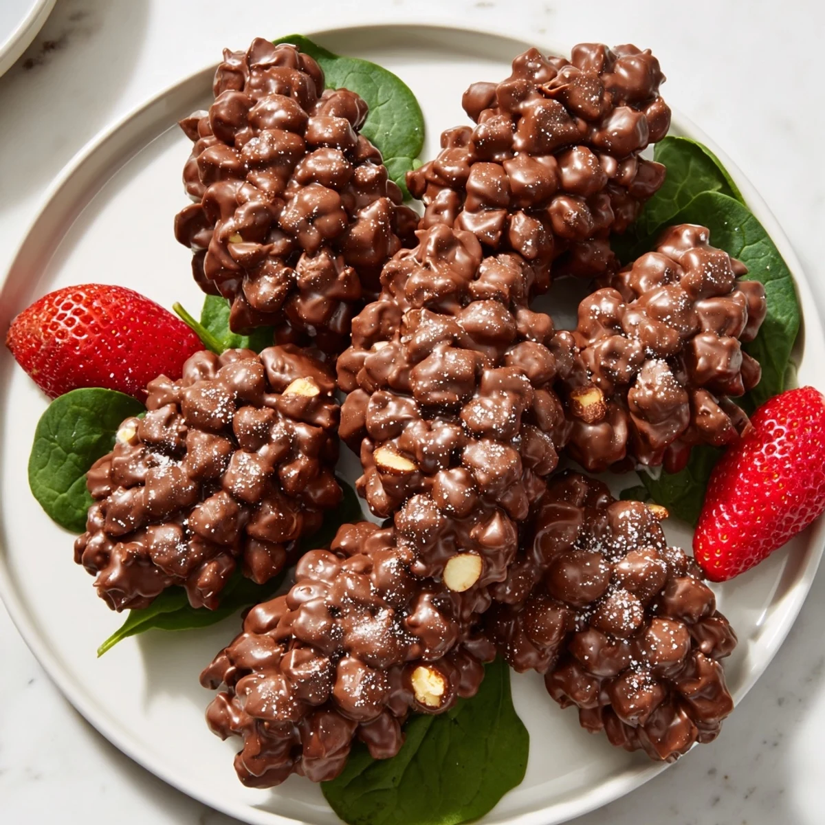 Sweet chocolate Coco Pops pinecone dessert salad, dusted with powdered sugar, looks inviting on a bed of greens.